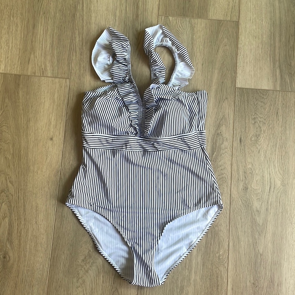 Pink Lily ~ Black & White Stripped Swimsuit
